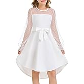 grewley Girls Dresses Puff Long Sleeve Mesh A Line Casual Formal Party Dresses Belted Dress with Pockets 5-14 Years