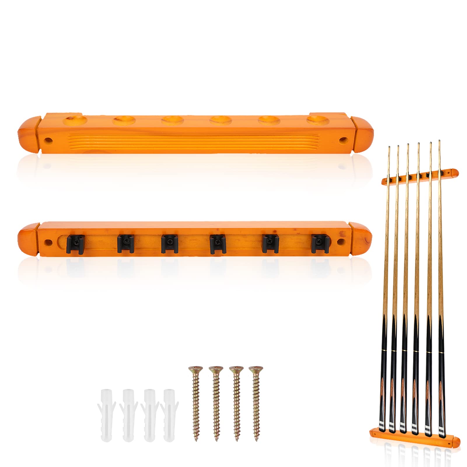 HERCHR Pool Cue Rack with Clips, Wooden Pool Cue Holder Wall Mounted Snooker Cue Rack Billiards Stick Holder for Pool Bars Clubs Billiard Players, Holds 6 Cues