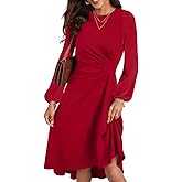 Happy Sailed Women's Long Sleeve Ruched Waist Flowy A Line High Low Midi Cocktail Party Dress