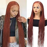 DOSAY #350 Reddish Brown Colored Cornrow Braided Wigs for Black Women Full Lace Front Knotless Box Braids Wig with Baby Hair Ginger Brown Natural Looking Deep Side Part Synthetic Braided Wigs 36 Inch