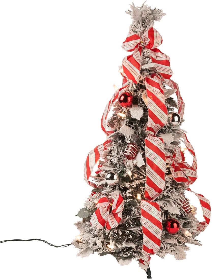 HOLIDAY PEAK 2' Snow Frosted Candy Cane Pull Up Christmas Tree, Pre-Lit and Fully Decorated