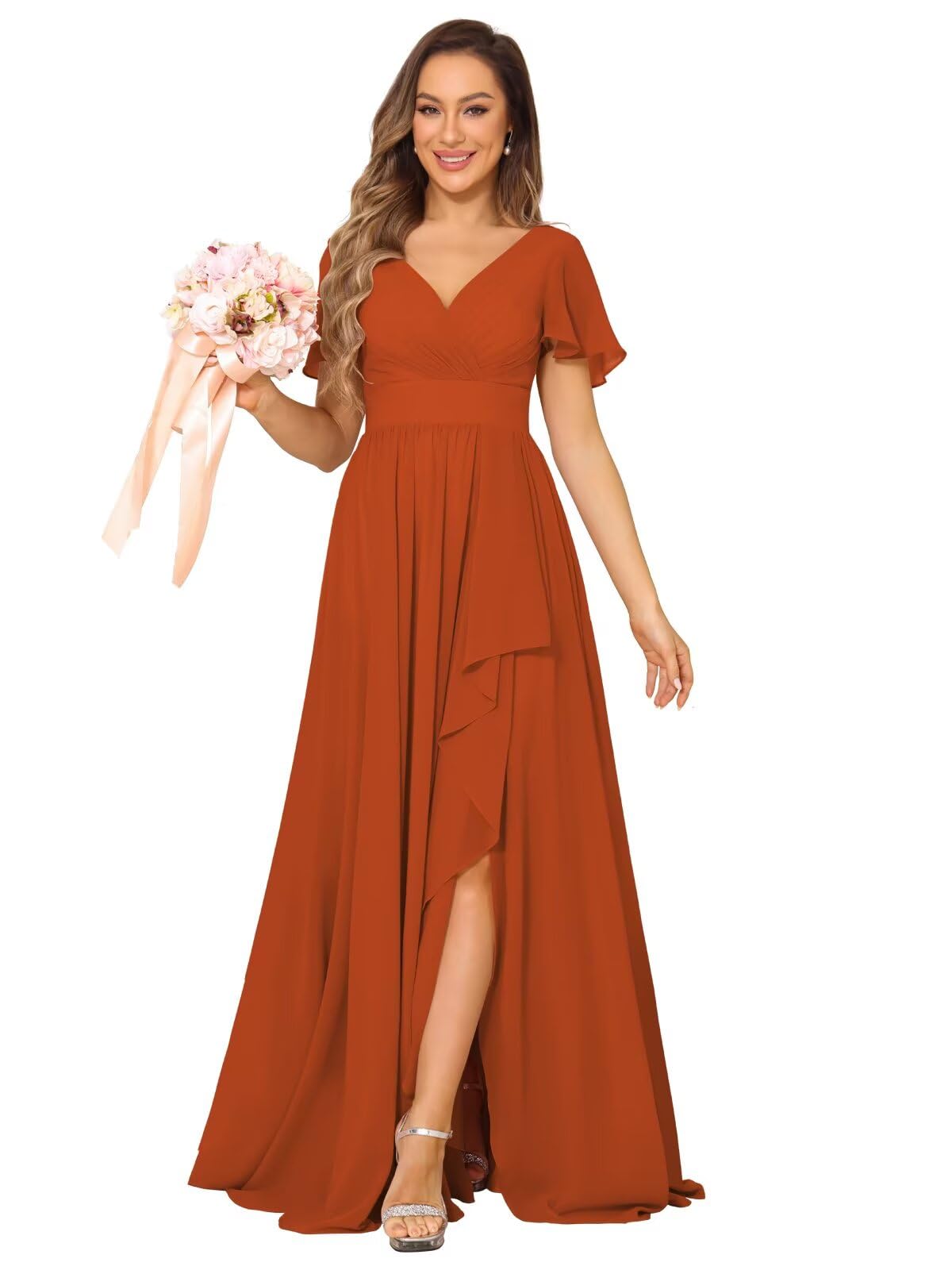 Photo 1 of Dessiny Short Sleeves Chiffon Bridesmaid Dresses Plus Size 2025 Burnt Orange V Neck Pleated Aline Formal Evening Dresses with Slit US20W