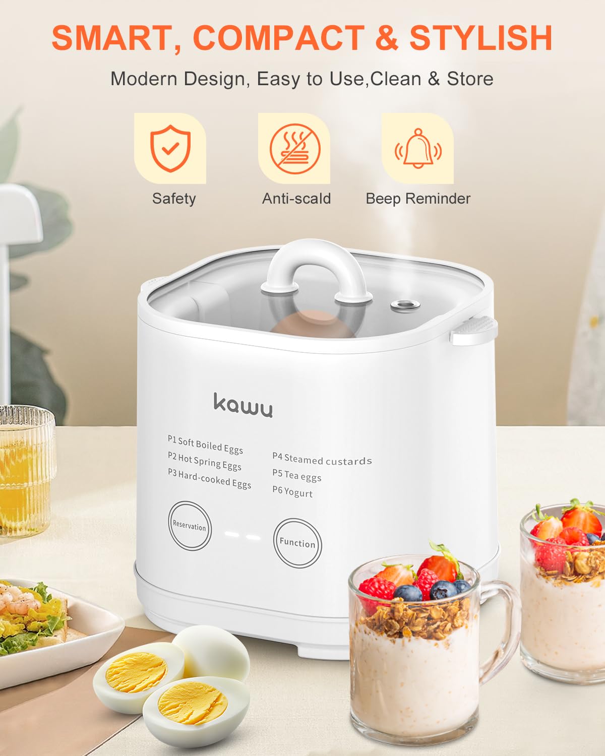 Kawu 6-Function Egg Cooker for Hard Boiled Eggs, Egg Boiler with Timer, Egg Cooker for Soft Boiled Egg, Electric Egg Boiler with Auto Shut Off &Alarm, W/Bowl&Rack