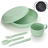 Homquen 6-Piece Camping Mess Kit with Bowl, Plate, Cup, Spoon, Fork, Knife and Carry Bag, Plastic Camping Accessories Essenti