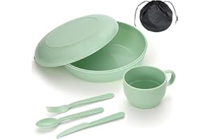 Homquen 6-Piece Camping Mess Kit with Bowl, Plate, Cup, Spoon, Fork, Knife and Carry Bag, Plastic Camping Accessories Essenti