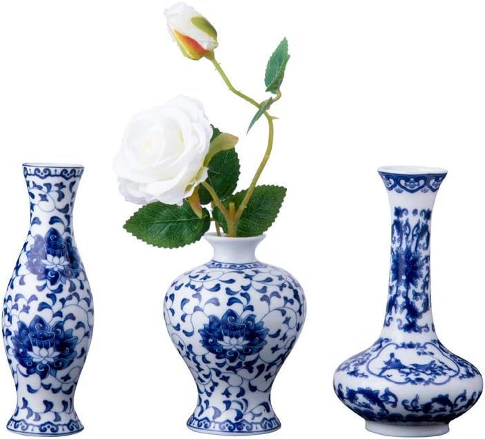 Set of 3 Mini Blue & White Porcelain Vases, Fambe Glaze Porcelain Vases Set of 3, Classic Ceramic Flower Vases for Home Decor (Blue & White Porcelain Set)