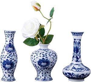 Set of 3 Mini Blue & White Porcelain Vases, Fambe Glaze Porcelain Vases Set of 3, Classic Ceramic Flower Vases for Home Decor (Blue & White Porcelain Set)