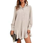 Fisoew Womens Casual Button Down Shirt Dress Long Sleeve Collared Pleated Swing Mini Dresses