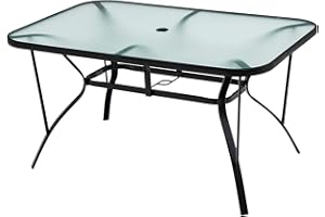 Tangkula Patio Dining Table for 6, 55 Inches Rectangle Table with 1.5” Umbrella Hole, Tempered Glass Tabletop, Solid Steel Frame, Suitable for Backyard, Poolside, Balcony