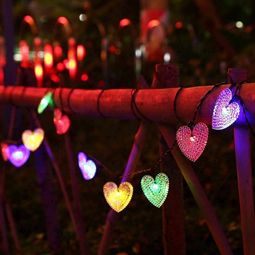 SUAVER Solar Heart String Lights 15.7ft 20LED 8 Modes Solar Fairy Lights,Waterproof Heart Hanging Lighting Outdoor Atmosphere Lights for Gardens,Lawn Patio,Festival,Wedding Party Decor(Multicolor)