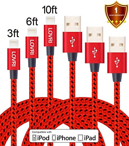 LOVRI 3Pack 3FT 6FT 10FT Nylon Braided 8 Pin Lightning to USB Cable Data Syncing Cord Compatible with iPhone 7/ 7 Plus/6/ 6 Plus/ 6s/ 6s Plus /5/5s/5c/SE/iPad/iPod/Beats Pill+ (red black)