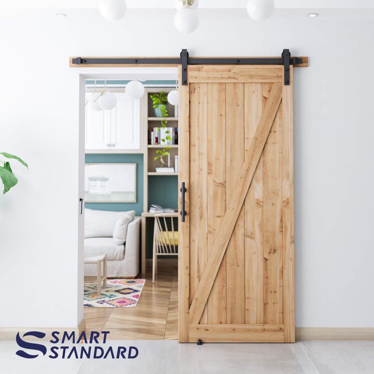 6 FT Heavy Duty Sturdy Sliding Barn Door Hardware Kit, 6ft Single Rail, Black, (Whole Set Includes 1x Pull Handle Set & 1x Floor Guide) Fit 36" Wide Door Panel (J Shape Hanger)