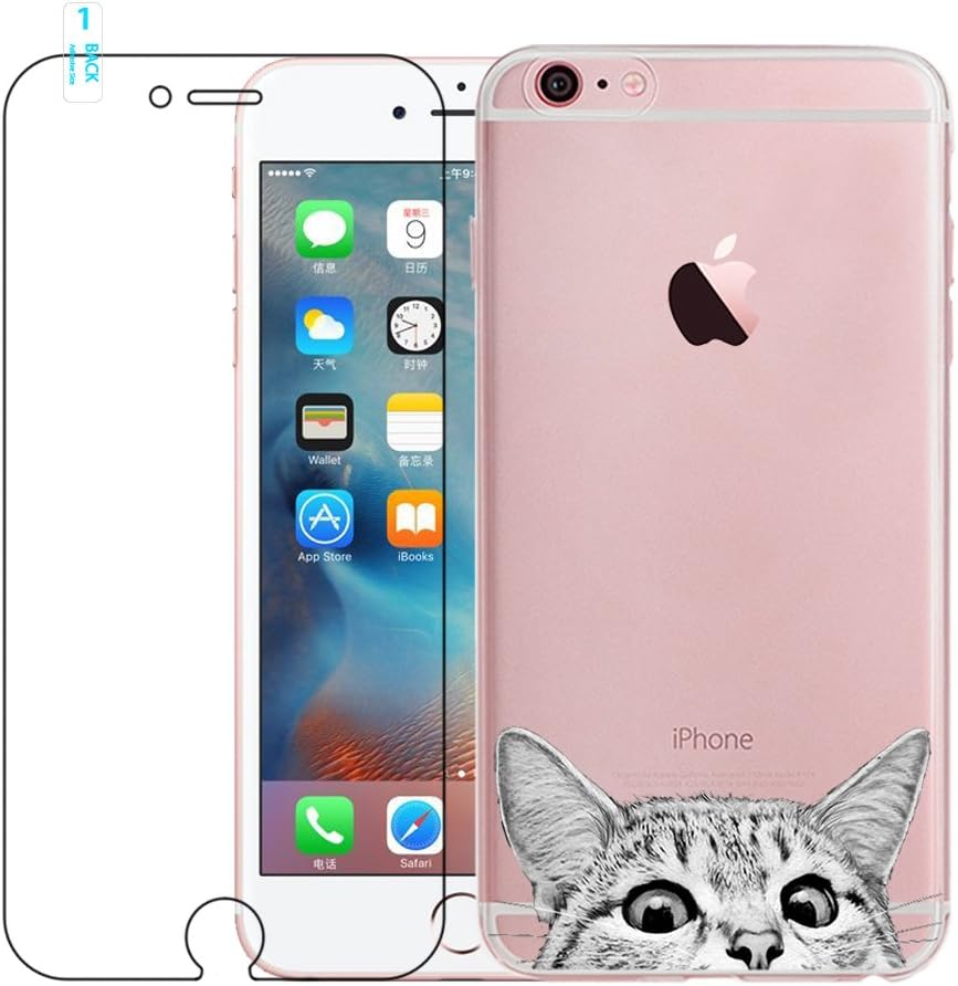 blossom01 iPhone 6 Case, iPhone 6S Case with Tempered Glass Screen Protector, Crystal Clear Soft Silicone Gel TPU Case Cute Cartoon Scratch Resistant Protective Cover for iPhone 6 / 6S - Cat