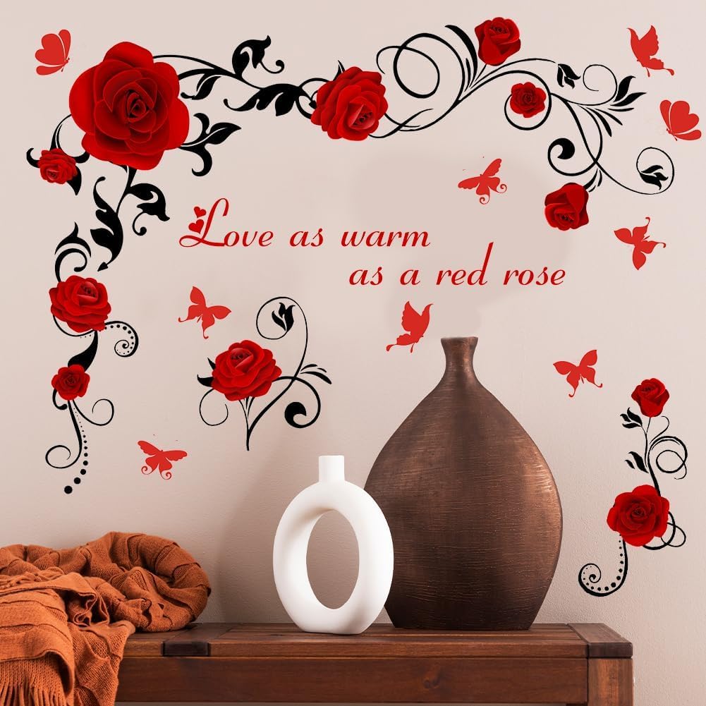 PLIGREAT Rose Flower Vine Wall Sticker Butterfly Love Quotes Removable Vinyl Peel and Stick Wall Decals for Bedroom Living Room Decor Home Indoor DIY Wall Art Decor
