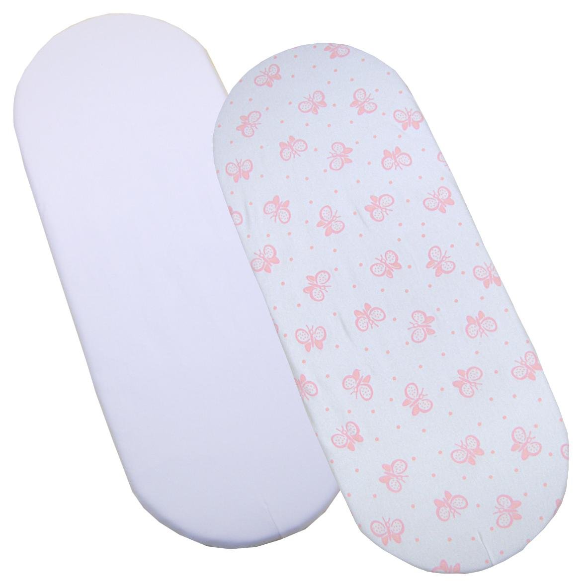 BabyPrem 2 Fitted Cotton Moses Basket Sheets (73-76 x 28-30cm) White & Butterfly