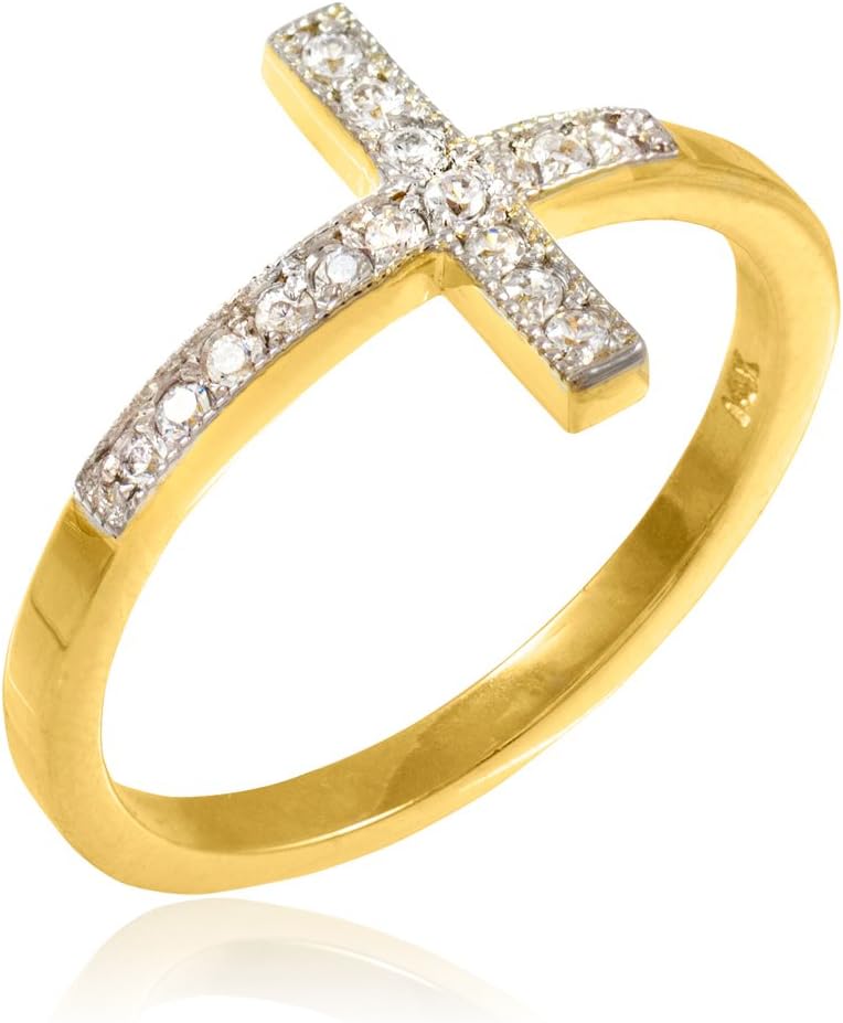 14k Gold Sideways Cross Ring with Diamonds
