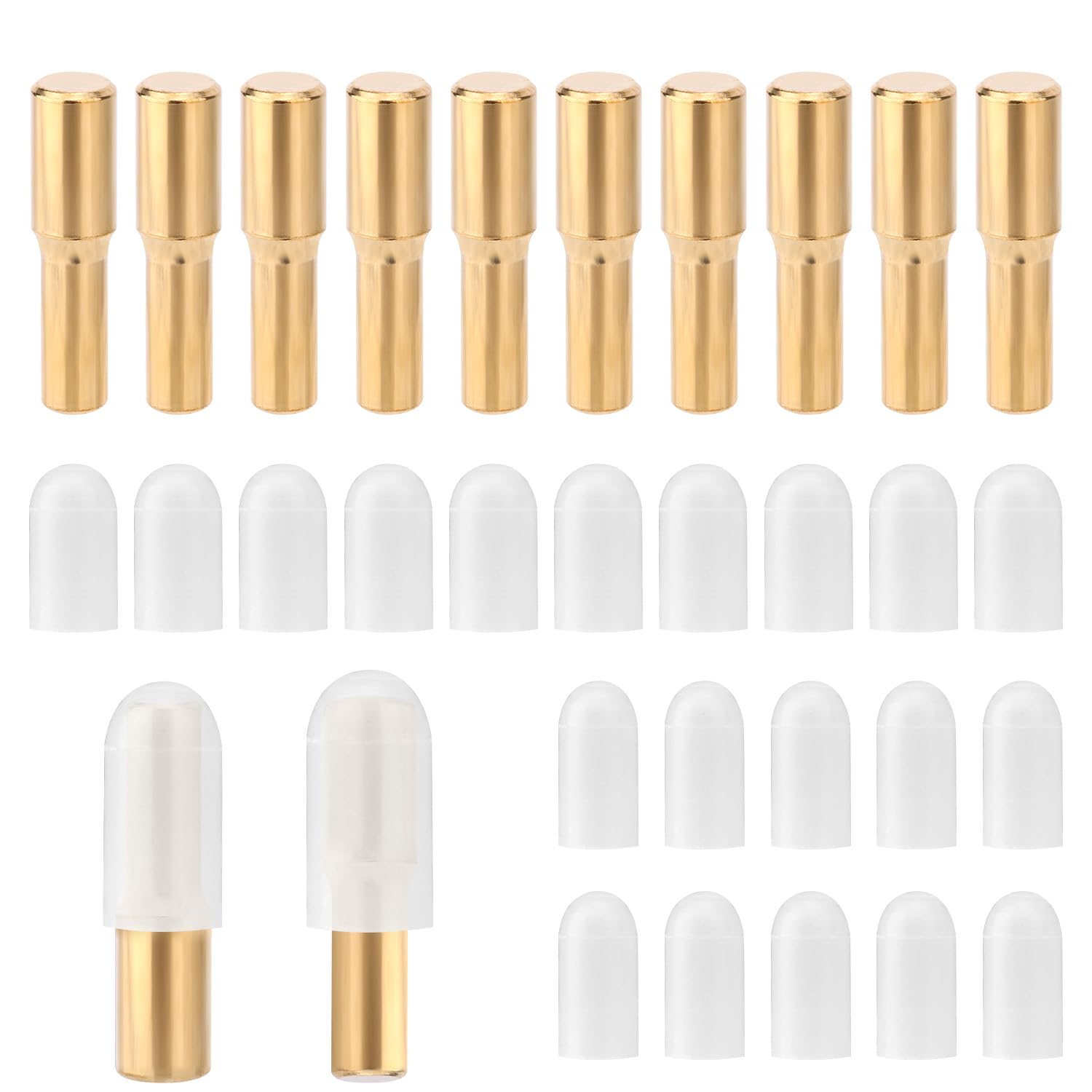 10pcs Shelf Pegs, 5mm 1/4 Inch Brass Shelf Support Pegs with 20 Anti-Slip Silicone Covers Bookcase Shelf Bracket Pins Cabinet Shelf Studs Holder for Bookshelf Wood Glass Boards