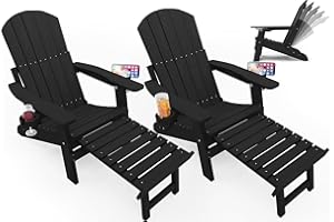 YEFU Adirondack Chair with Retractable Ottoman: Folding Adirondack Chairs Set of 2-5-Level Adjustable Backrest with Footrest - Fire Pit Chairs - 2 Cup Holder - Outdoor Plastic Chair for Patio(Black)