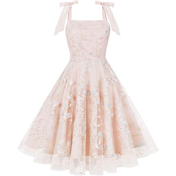 Amazon.com: Knot Straps Embroidered Floral Mesh Overlay Vintage Dress  Evening Prom Women Party Wear Fit and Flare Dresses 1 S : Clothing, Shoes &  Jewelry