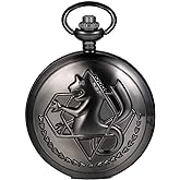 JewelryWe Vintage Fullmetal Alchemist Edward Elric's Pocket Watch Black with 31.9 Inches Chain for Father's Day