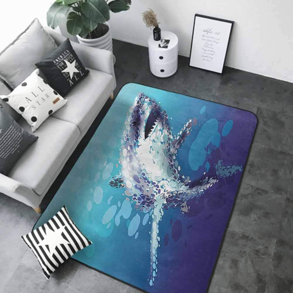 Anti-Skid Area Rug Sea Animal Decor,Digital Made Psychedelic Shark Figure with Droplets Scary Atlantic Beast,Blue Grey 48"x 60" Carpet Flooring