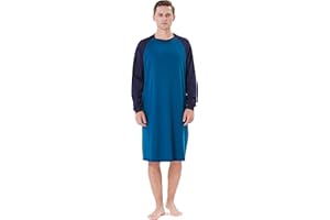 Keyocean Mens Cotton Nightgown Soft Lightweight Long Sleeve Sleepshirt Crew Neck & Pockets Comfortable Lounge Nightwear