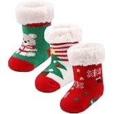 3 Pairs Toddler Girl Boy Sherpa-lined Fuzzy Socks Anti Skid with Grips, Baby Girl Boy Christmas Socks Kids Slipper Socks