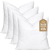 Artscope Synthetic Down Pillow Insert, 16x16 Down Alternative Throw Pillow Insert. Ultra Soft Fluffy Sleeping Pillow with 100% Cotton Cover, Decorative Pillows Set of 4-White.