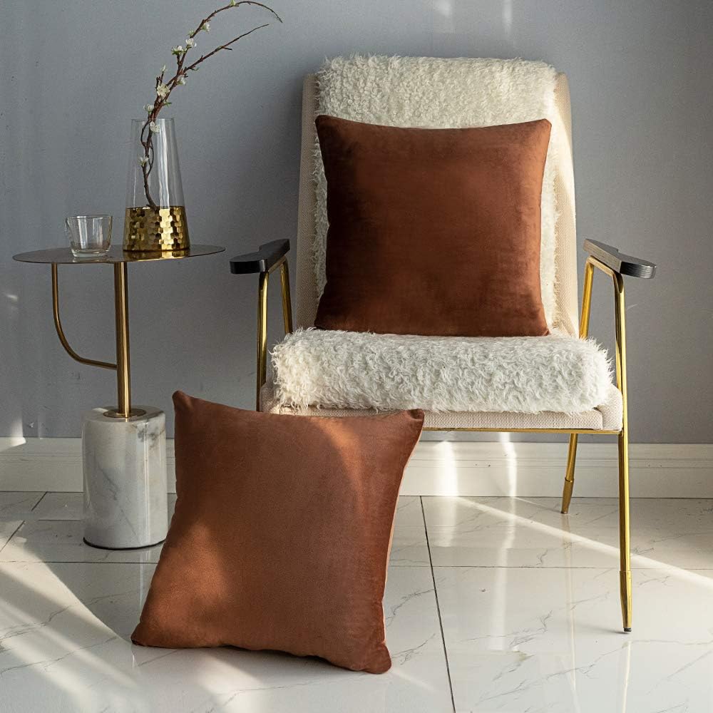 NANPIPER Set of 2 Velvet Soft Decorative Cushion Throw Pillow Covers 20x20 Inch/50x50 cm Cozy Solid Velvet Square Pillowcase CushionCovers Brown for Couch and Bed: Home & Kitchen