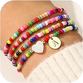 M MOOHAM Valentines Day Gifts for Kids Teen Girl - Beaded Initial Bracelets for Women Girls, 4PCS Colorful Beaded Bracelet Heart Initial Bracelet for Women Layered Bracelets Jewelry Birthday Gifts