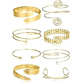 Tornito 8Pcs Arm Cuff Open Upper Arm Band Bangle Bracelet Coil Flower Feather Swirl Filigree CZ Armlet Jewelry for Women Men Gold Tone Size Adjustable