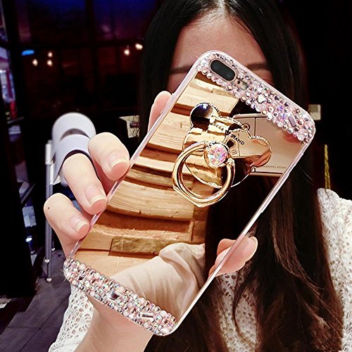 Glitter Case for iPhone 8,Leeook Creative Mirror Effect Diamond Shiny Soft Silicone Case Cover with Bear Ring Kickstand for iPhone 8/7 4.7"-Gold