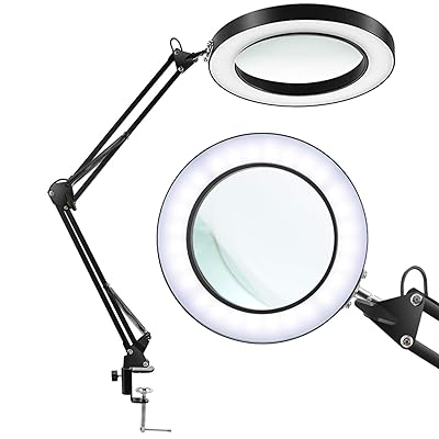 LANCOSC Cam Masa Lambası Kelep&ccedil;eli - Beyaz / Sıcak Beyaz Işıklı 5 -Diopter B&uuml;y&uuml;te&ccedil; Lens - Okuma, El Sanatları, Profesyonel G&ouml;revler i&ccedil;in Ayarlanabilir Metal D&ouml;ner Kol LED Işık (Siyah)