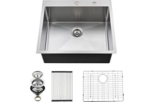 EcoChannels Drop In Kitchen Sink, 25 x 22 x 10 Inch 16 Gauge Single Bowl Topmount Sink T-304 Stainless Steel Kitchen Sinks with Accessories