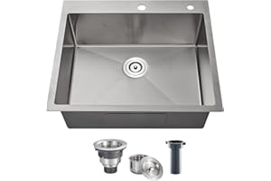 POPFLY 25×22 Inch Drop in Kitchen Sink, Top mount Stainless Steel Single Bowl Sink, 18 Gauge Hand-made Overmount 9 Inch Deep Sink, Brushed