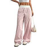 Milumia Women's Colorblock Striped Long Pants Bow Tie Button Front Loose Fit Casual Pants