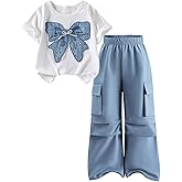 MakeMeChic Girl's 2 Piece Fall Outfits Sequin Bow Knot Crew Neck Short Sleeve Tee and Cargo Pants Clothing Sets