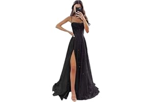 Cilontug Glitter Tulle Prom Dress 2026 Spaghetti Straps Ball Gown Cowl Neck Long Formal Evening Dress with Slit