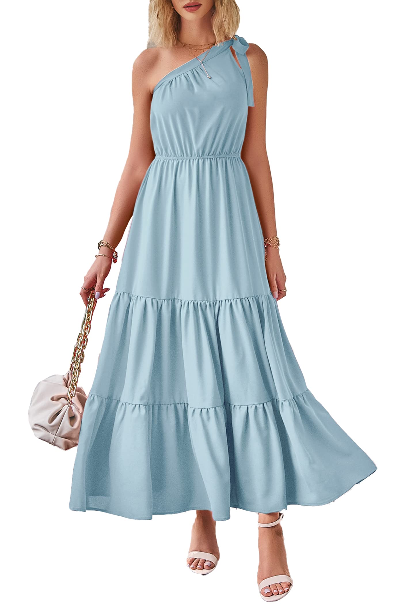 Photo 1 of PRETTYGARDEN Women's Summer Floral Maxi Dress Knot One Shoulder Sleeveless Ruffle Flowy Boho Beach Wedding Guest Dresses (Solid Light Blue,M )