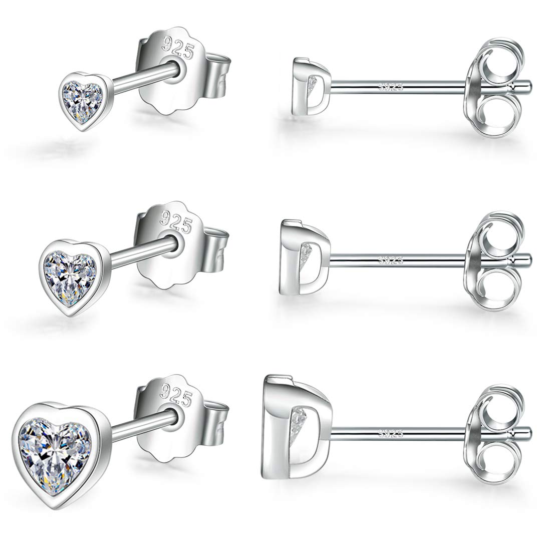 Sterling Silver Stud Earrings for Women Men Girls- 3 Pairs of Small Heart Shaped Cubic Zirconia Earrings Small CZ Cartilage Tragus Earrings(2mm/3mm/4mm) — image 1