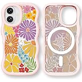 Bouvardia for iPhone 16 Case - Pink Wavy Shockproof Frame & Passion Floral Blossom Pattern - Compatible with Magsafe - Anesthetic Cute Design for Women and Girls