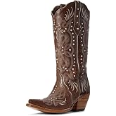 Agodor Cowboy Boots For Women Pearl Cowgirl Ladies Knee High Boots with Classic Embroidery Pointed Toe Chunky Heel Pull On Fashion Dress Pearl Wedding Western Booties