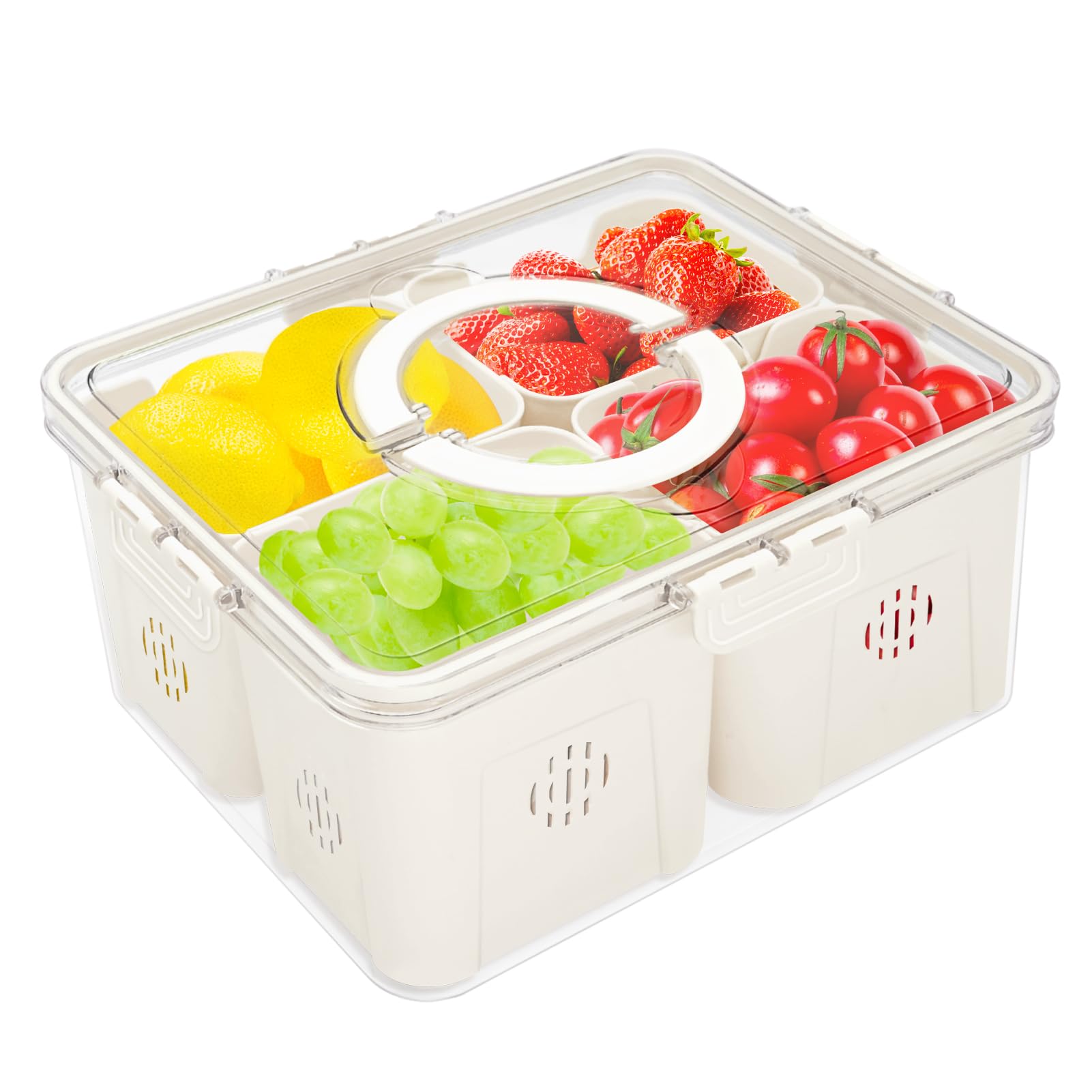 Photo 1 of Fruit Storage Containers for Fridge: Divided Serving Tray with Lid and Handle - Snackle Box Container with 4 Removable Colanders - Berry Vegetable Fresh Produce Saver Refrigerator Organizer Bins