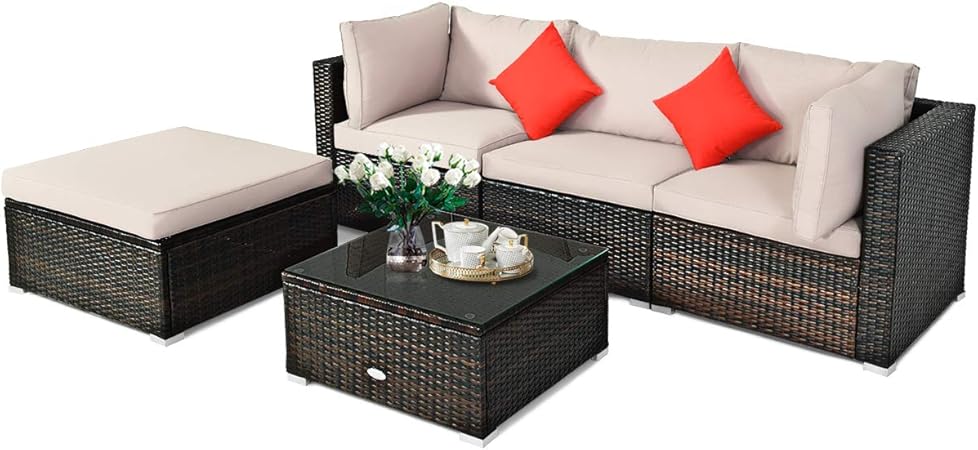 Brown Wicker Conversation Set With Sofa Ottoman For Backyard Porch Garden Poolside Balcony Tangkula 5 Pcs Patio Rattan Furniture Set Outdoor Sectional Rattan Sofa Set With Soft Cushions Patio Lawn Garden