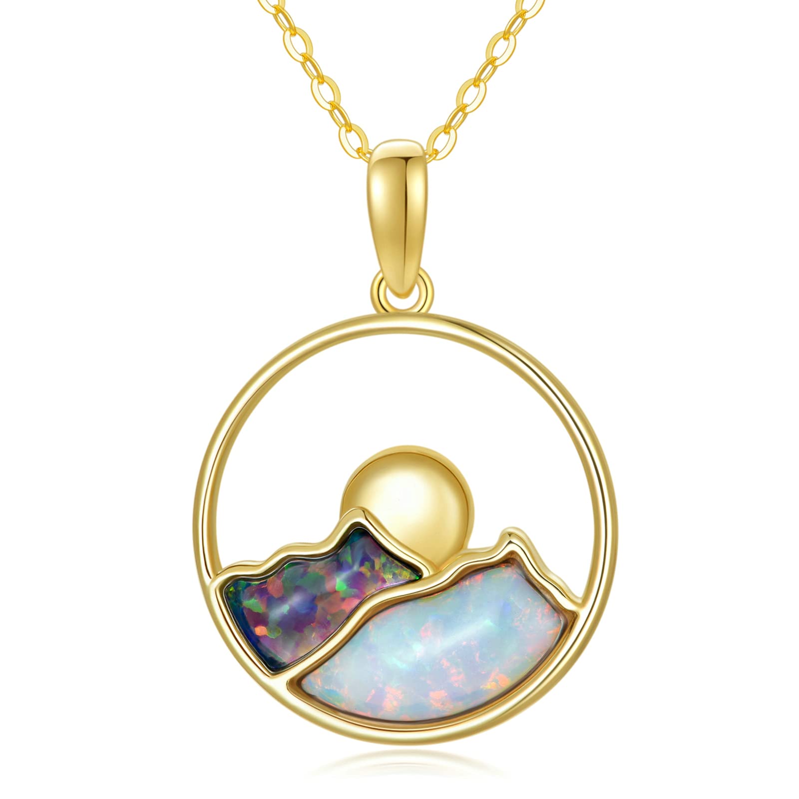 SISGEM 9ct Gold Mountain Necklace, Solid Yellow Gold Black and Fire Opal Pendant, 16"+1"+1" for Women, Girls, Ladies, Mum, Sisters