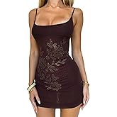 Women Sexy Open Back Bodycon Mini Dress Sleeveless Backless Floral Rhinestone Mini Dress Party Club Mesh Dress