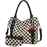 Lushandy Large Checkered Tote Bag Checkered Satchel Purse with Wallet Cherry Vintage Top Handle Hobo Handbag for Work Travel | Multi-Pocket, Cherry Keychain, Large Capacity