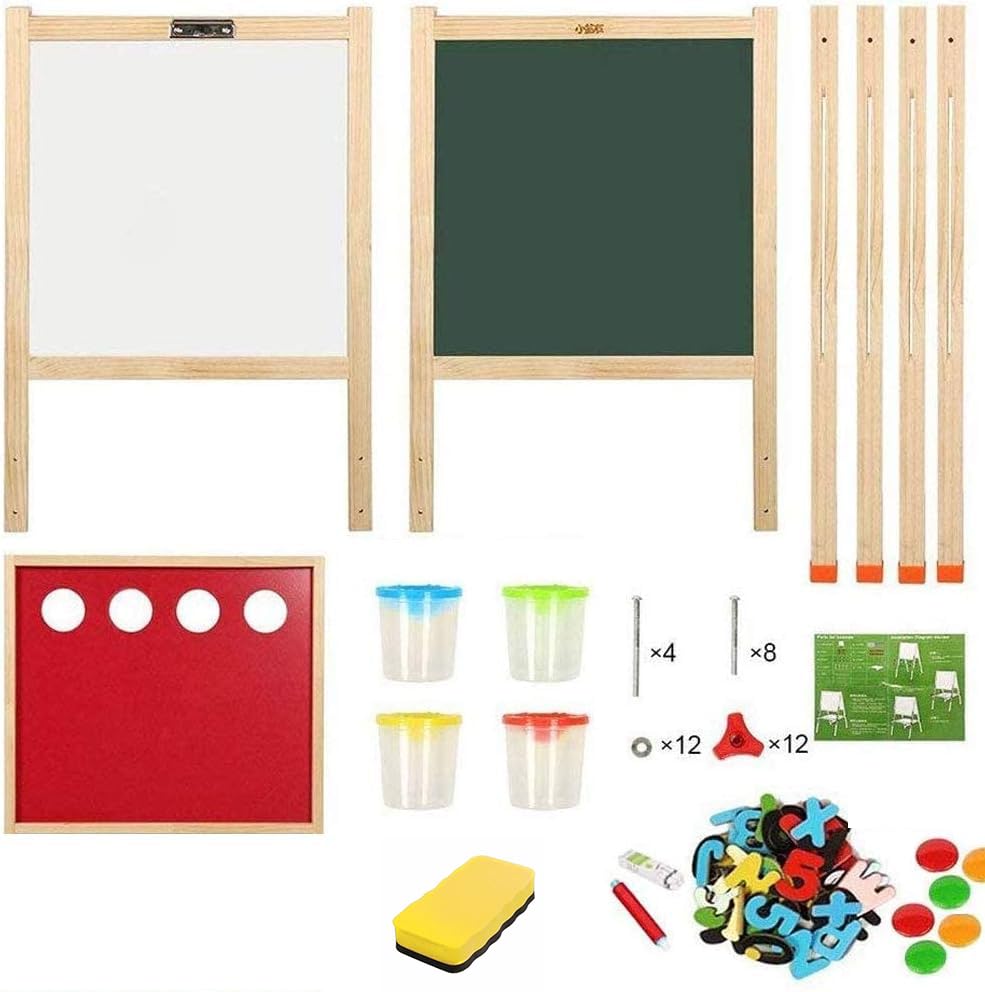 Hcosmy Wooden Art Easel for Kid, Double Sided Kids Easel with Whiteboard & Chalkboard, Height Adjustable Standing Toddler Easel with Number and Painting Accessories, Education Gift for Boys and Girls