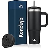 Konokyo 30 oz Tumbler with Handle and 2 Straws,2 in 1 Lid Insulated Water Bottle Stainless Steel Travel Coffee Mug,Black