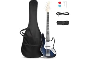 Glarry 5 String Electric Bass Guitar, Full Size Right Handed Rosewood Fretboard Bass Kit with Strap, Cable and Pick (GJazz - Dark Blue)